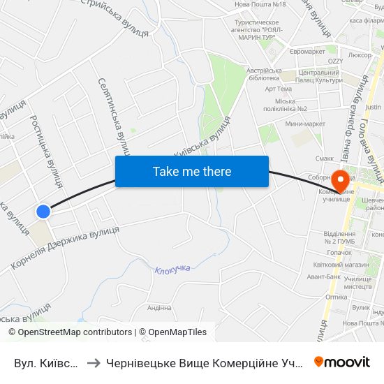Вул. Київська to Чернівецьке Вище Комерційне Училище map