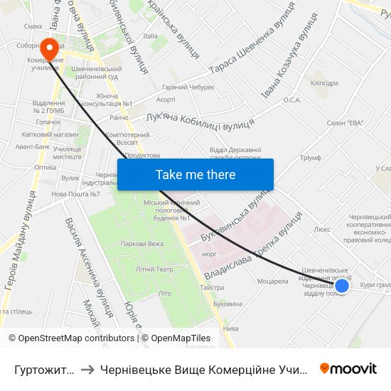 Гуртожиток to Чернівецьке Вище Комерційне Училище map