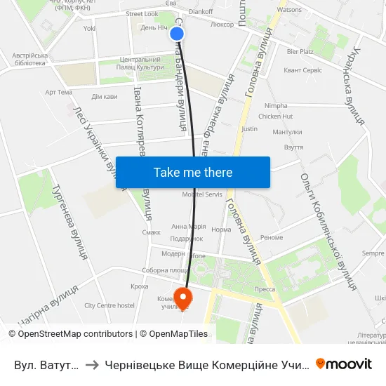 Вул. Ватутіна to Чернівецьке Вище Комерційне Училище map
