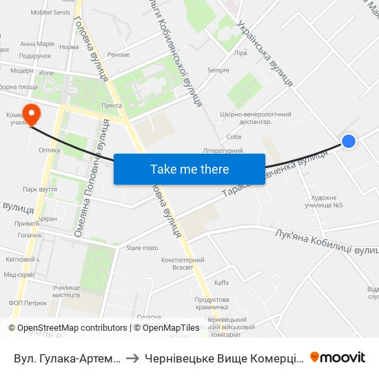Вул. Гулака-Артемовського to Чернівецьке Вище Комерційне Училище map