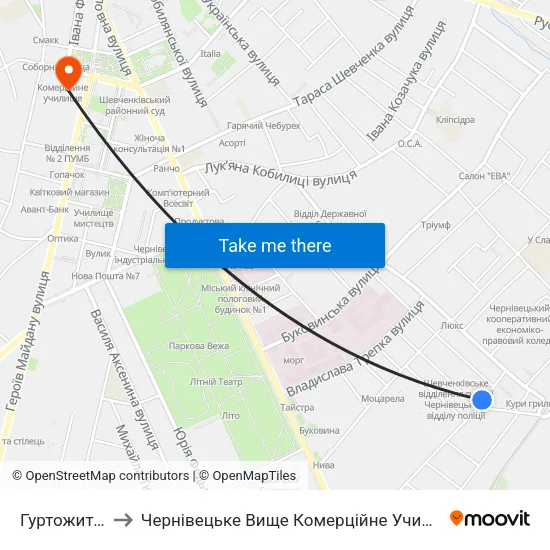 Гуртожиток to Чернівецьке Вище Комерційне Училище map