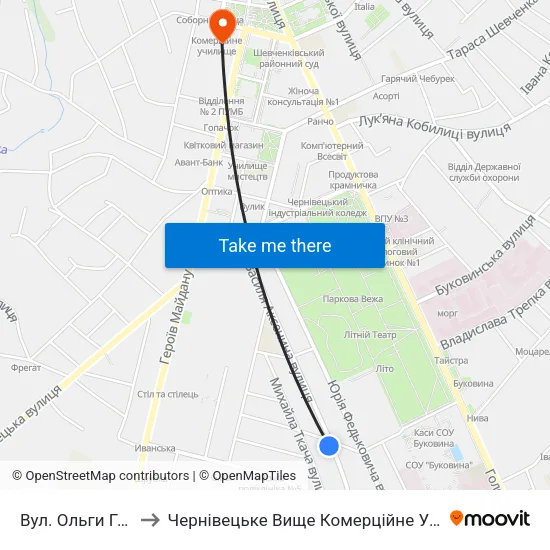 Вул. Ольги Гузар to Чернівецьке Вище Комерційне Училище map