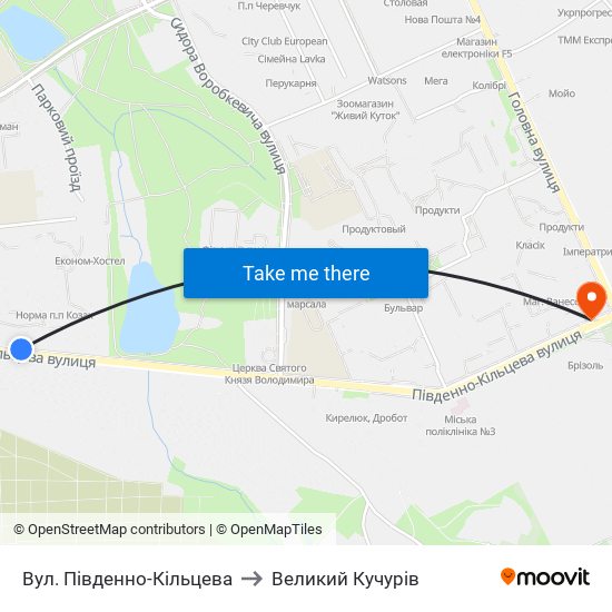 Вул. Південно-Кільцева to Великий Кучурів map