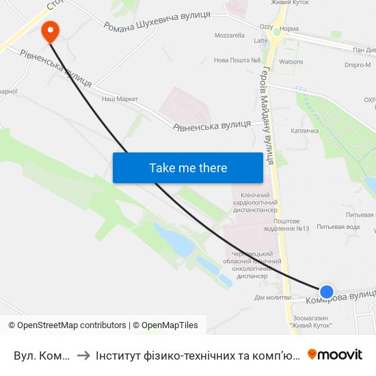 Вул. Комарова to Інститут фізико-технічних та комп’ютерних наук ЧНУ map