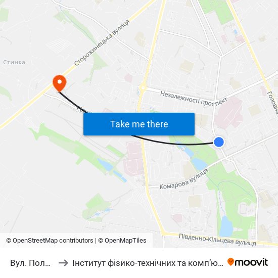 Вул. Полєтаєва to Інститут фізико-технічних та комп’ютерних наук ЧНУ map