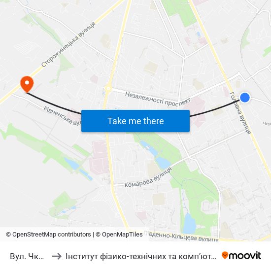 Вул. Чкалова to Інститут фізико-технічних та комп’ютерних наук ЧНУ map