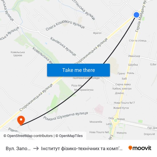 Вул. Запорізька to Інститут фізико-технічних та комп’ютерних наук ЧНУ map