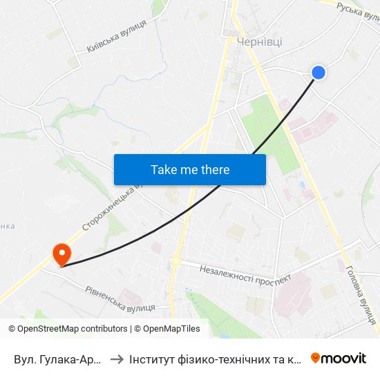Вул. Гулака-Артемовського to Інститут фізико-технічних та комп’ютерних наук ЧНУ map