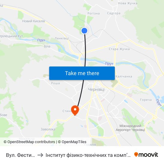 Вул. Фестивальна to Інститут фізико-технічних та комп’ютерних наук ЧНУ map