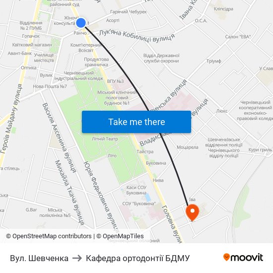 Вул. Шевченка to Кафедра ортодонтії БДМУ map