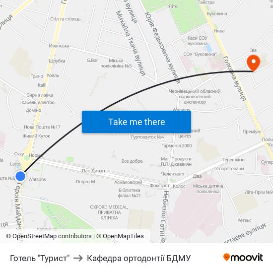 Готель "Турист" to Кафедра ортодонтії БДМУ map