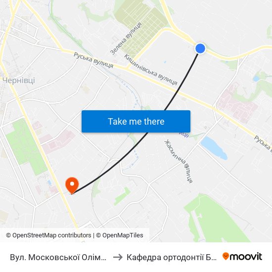 Вул. Московської Олімпіади to Кафедра ортодонтії БДМУ map
