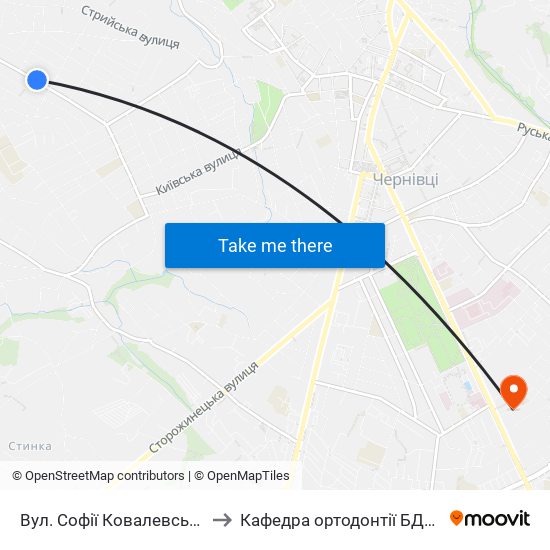 Вул. Софії Ковалевської to Кафедра ортодонтії БДМУ map