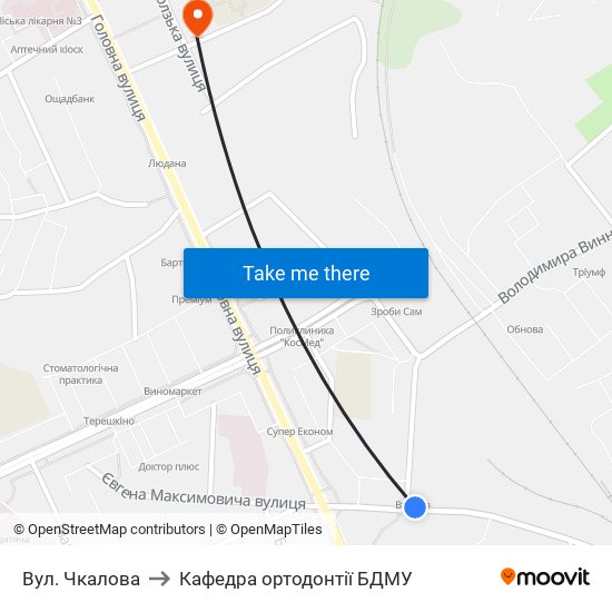 Вул. Чкалова to Кафедра ортодонтії БДМУ map