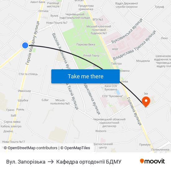 Вул. Запорізька to Кафедра ортодонтії БДМУ map