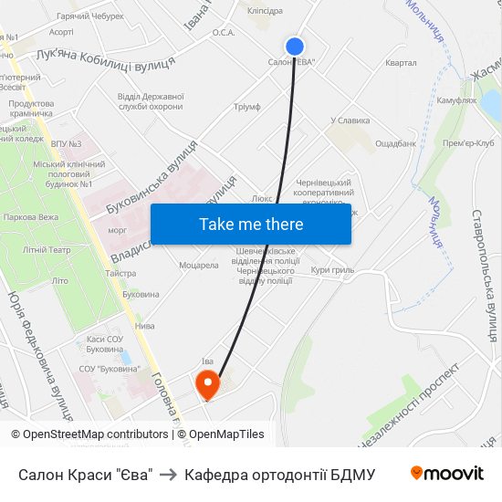 Салон Краси "Єва" to Кафедра ортодонтії БДМУ map