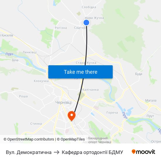 Вул. Демократична to Кафедра ортодонтії БДМУ map