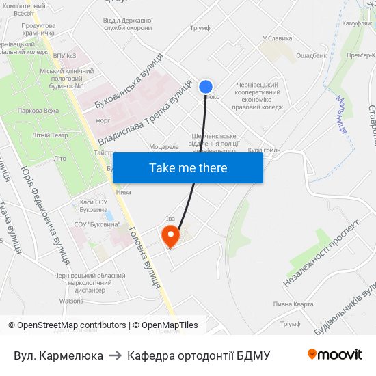 Вул. Кармелюка to Кафедра ортодонтії БДМУ map