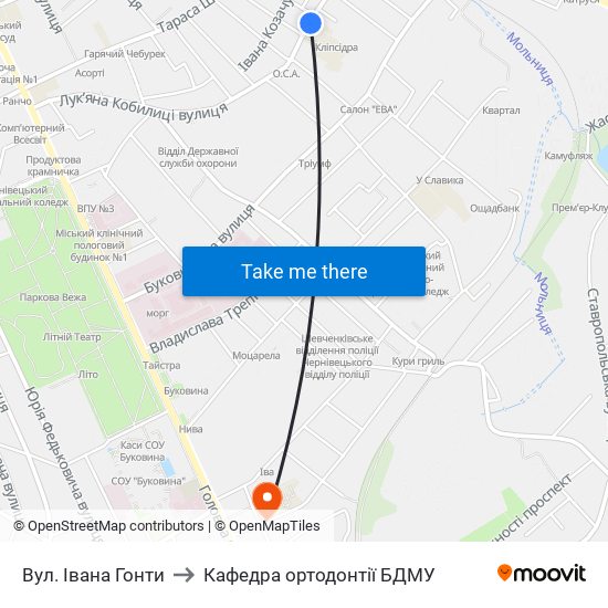 Вул. Івана Гонти to Кафедра ортодонтії БДМУ map