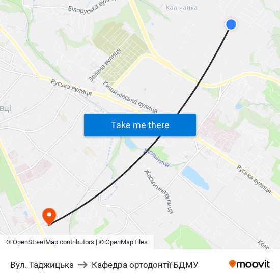 Вул. Таджицька to Кафедра ортодонтії БДМУ map