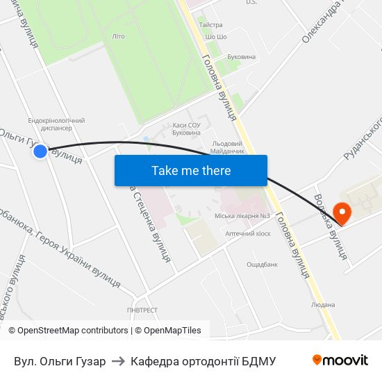 Вул. Ольги Гузар to Кафедра ортодонтії БДМУ map