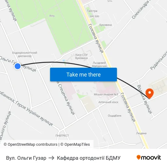 Вул. Ольги Гузар to Кафедра ортодонтії БДМУ map
