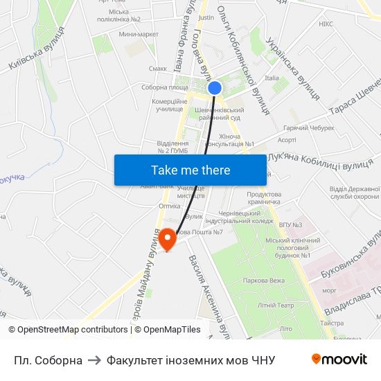 Пл. Соборна to Факультет іноземних мов ЧНУ map