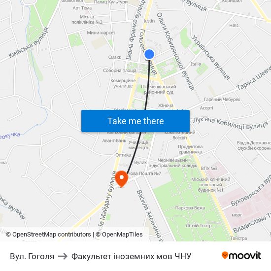 Вул. Гоголя to Факультет іноземних мов ЧНУ map