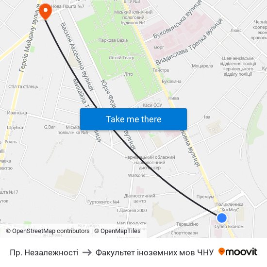 Пр. Незалежності to Факультет іноземних мов ЧНУ map