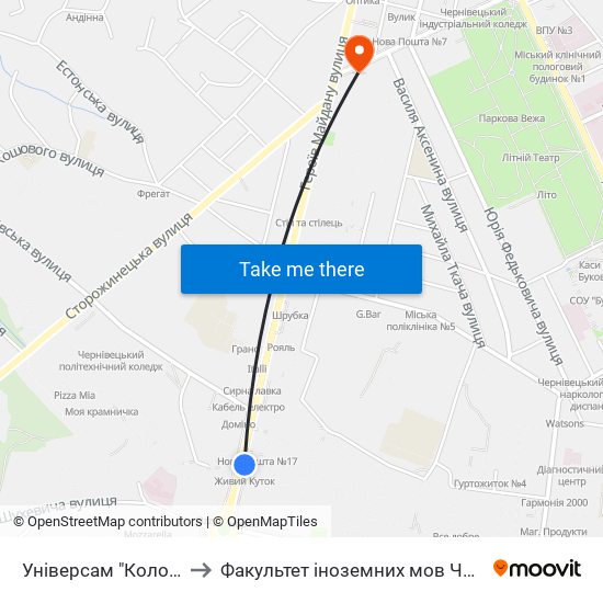 Універсам "Колос" to Факультет іноземних мов ЧНУ map