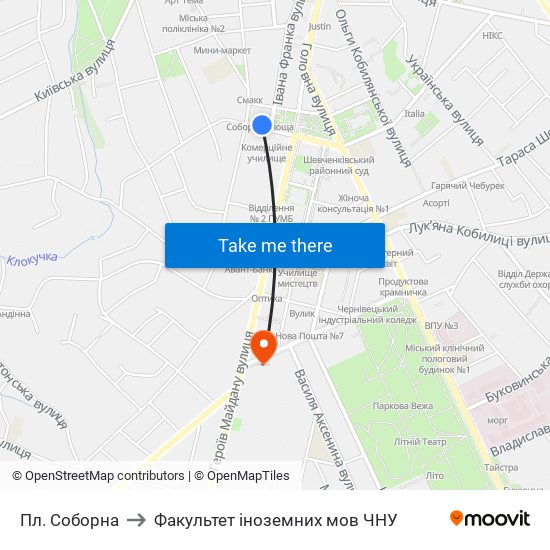 Пл. Соборна to Факультет іноземних мов ЧНУ map