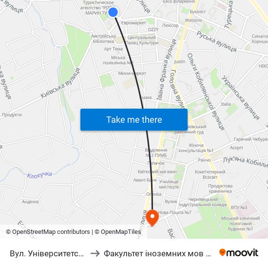 Вул. Університетська to Факультет іноземних мов ЧНУ map