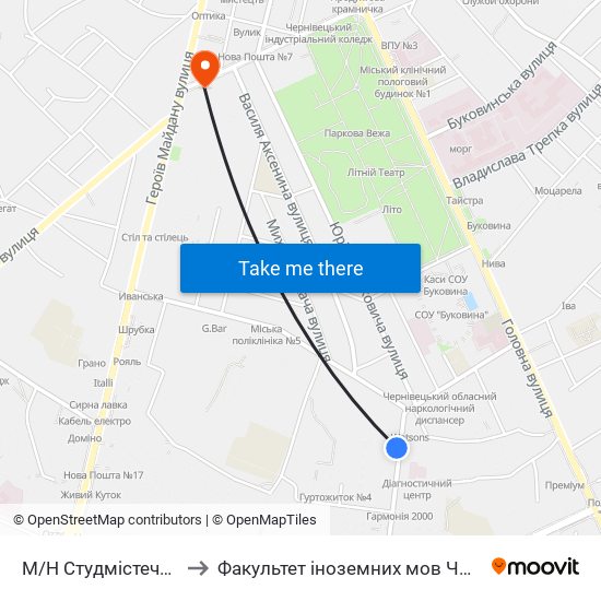 М/Н Студмістечко to Факультет іноземних мов ЧНУ map