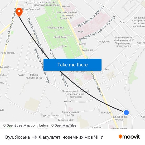 Вул. Ясська to Факультет іноземних мов ЧНУ map