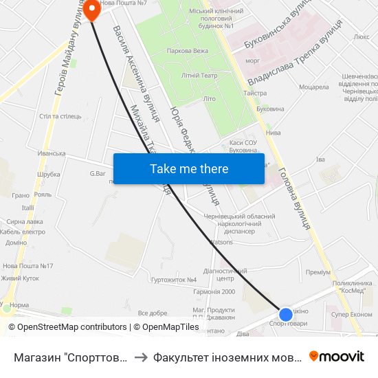 Магазин "Спорттовари" to Факультет іноземних мов ЧНУ map