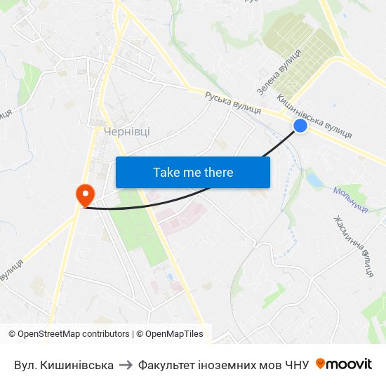 Вул. Кишинівська to Факультет іноземних мов ЧНУ map