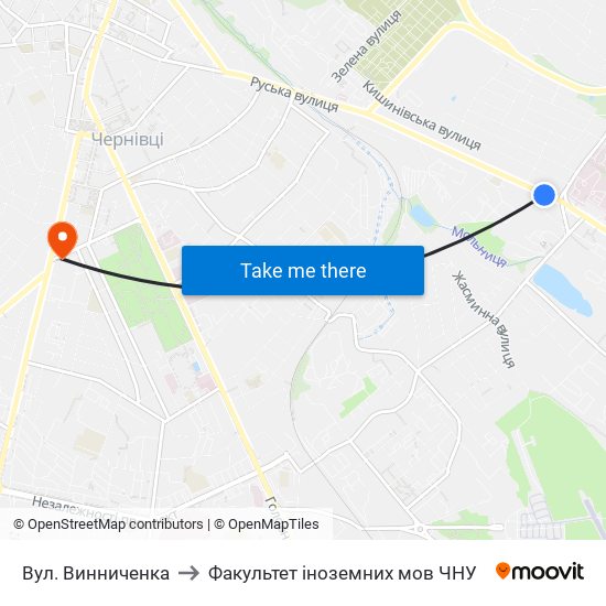 Вул. Винниченка to Факультет іноземних мов ЧНУ map