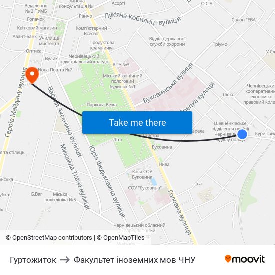 Гуртожиток to Факультет іноземних мов ЧНУ map