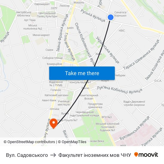 Вул. Садовського to Факультет іноземних мов ЧНУ map