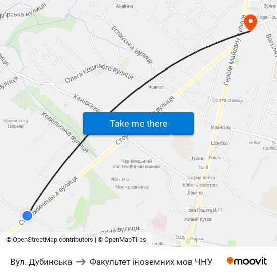 Вул. Дубинська to Факультет іноземних мов ЧНУ map