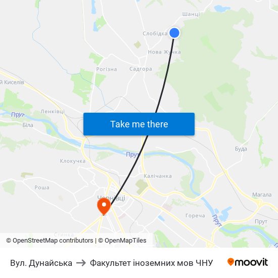 Вул. Дунайська to Факультет іноземних мов ЧНУ map