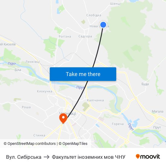 Вул. Сибірська to Факультет іноземних мов ЧНУ map