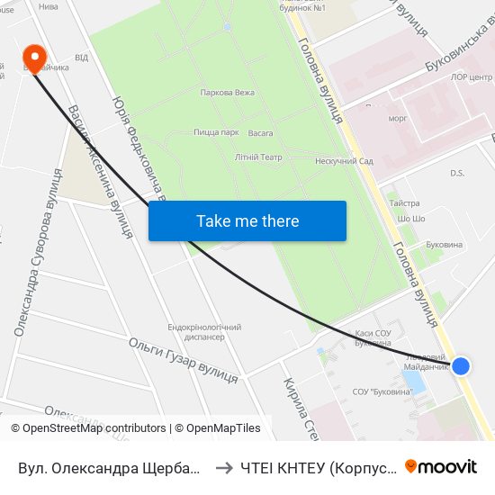 Вул. Олександра Щербанюка to ЧТЕІ КНТЕУ (Корпус #3) map