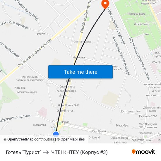 Готель "Турист" to ЧТЕІ КНТЕУ (Корпус #3) map