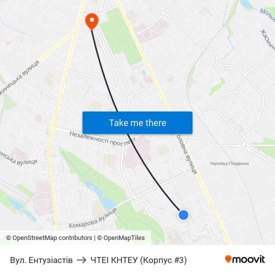 Вул. Ентузіастів to ЧТЕІ КНТЕУ (Корпус #3) map