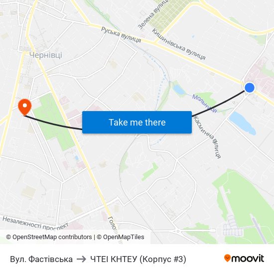 Вул. Фастівська to ЧТЕІ КНТЕУ (Корпус #3) map