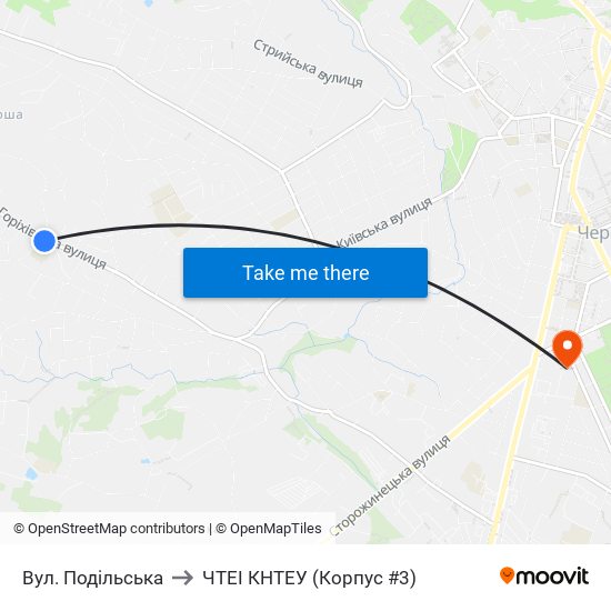 Вул. Подільська to ЧТЕІ КНТЕУ (Корпус #3) map