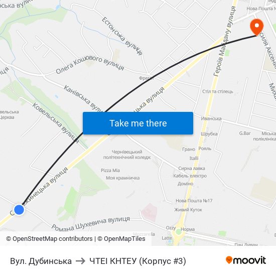 Вул. Дубинська to ЧТЕІ КНТЕУ (Корпус #3) map