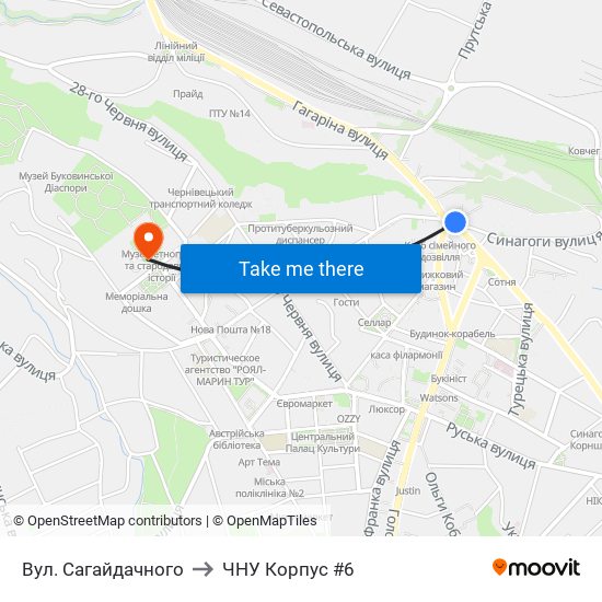 Вул. Сагайдачного to ЧНУ Корпус #6 map