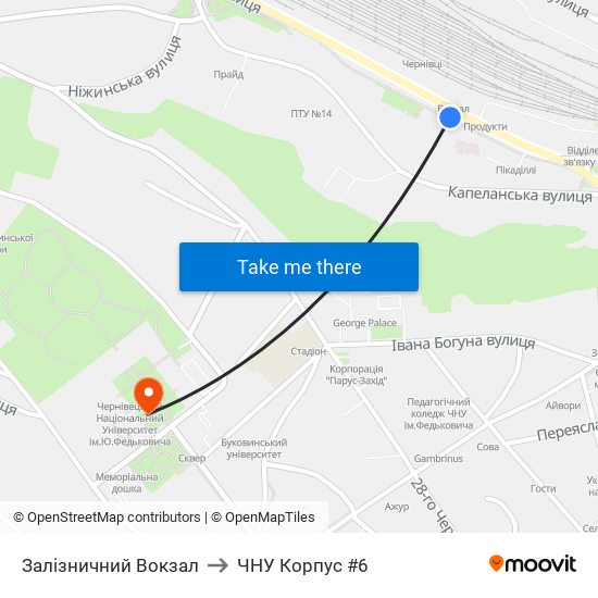 Залізничний Вокзал to ЧНУ Корпус #6 map